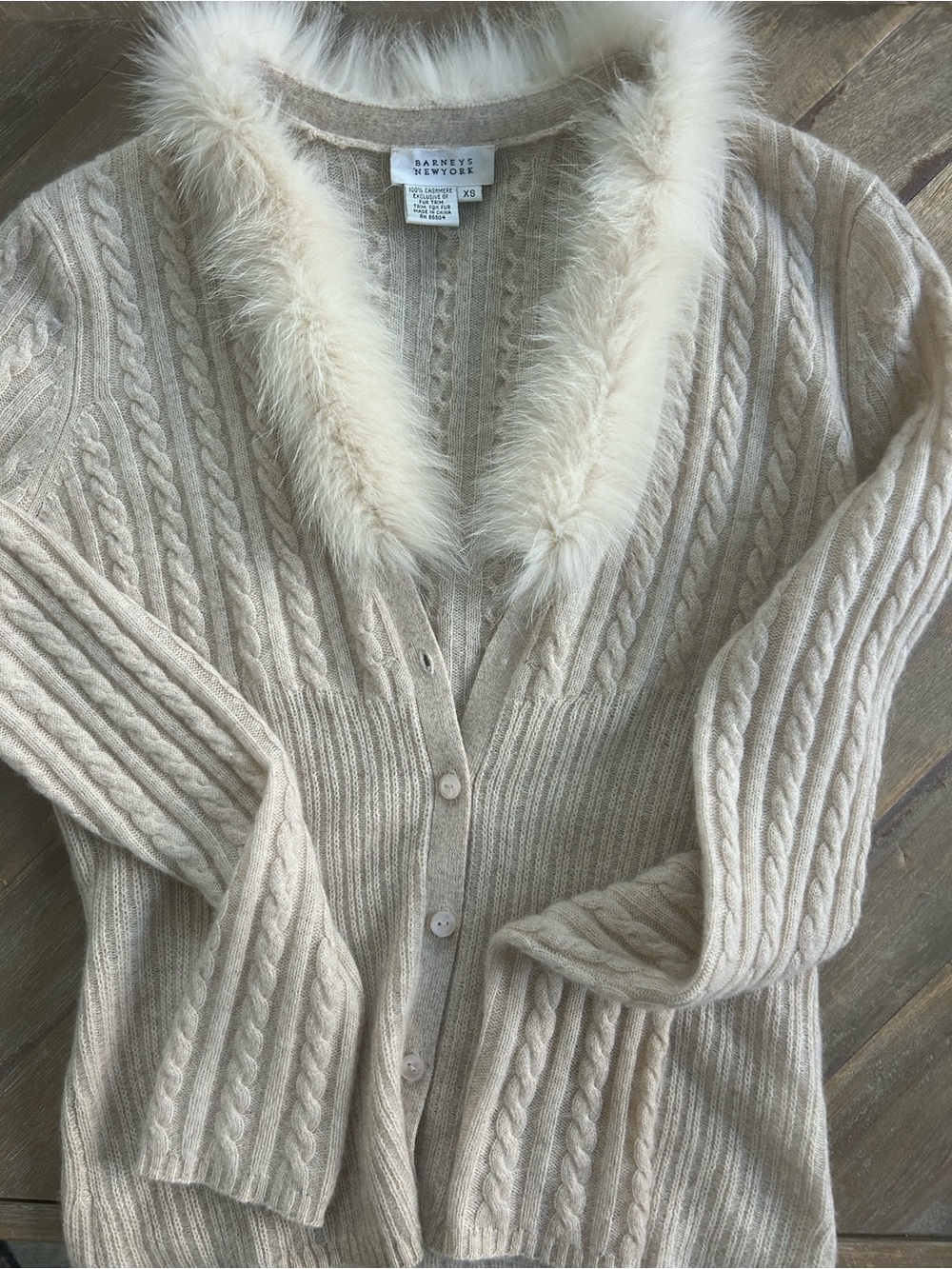 Barneys New York Ivory Cable-Knit Fur-Trim Cardigan